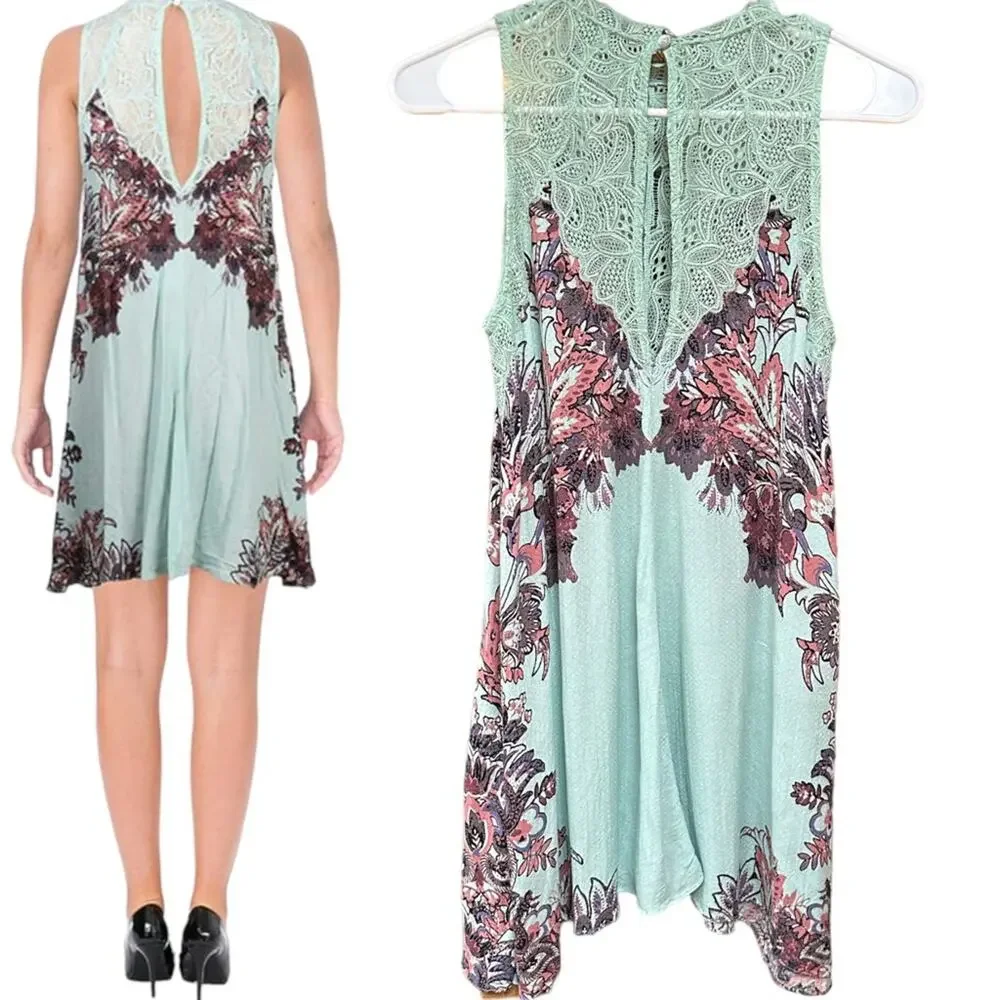NWT Free People Womens Marsha Lace Slip Mini Dress Mermaid Green X-Small